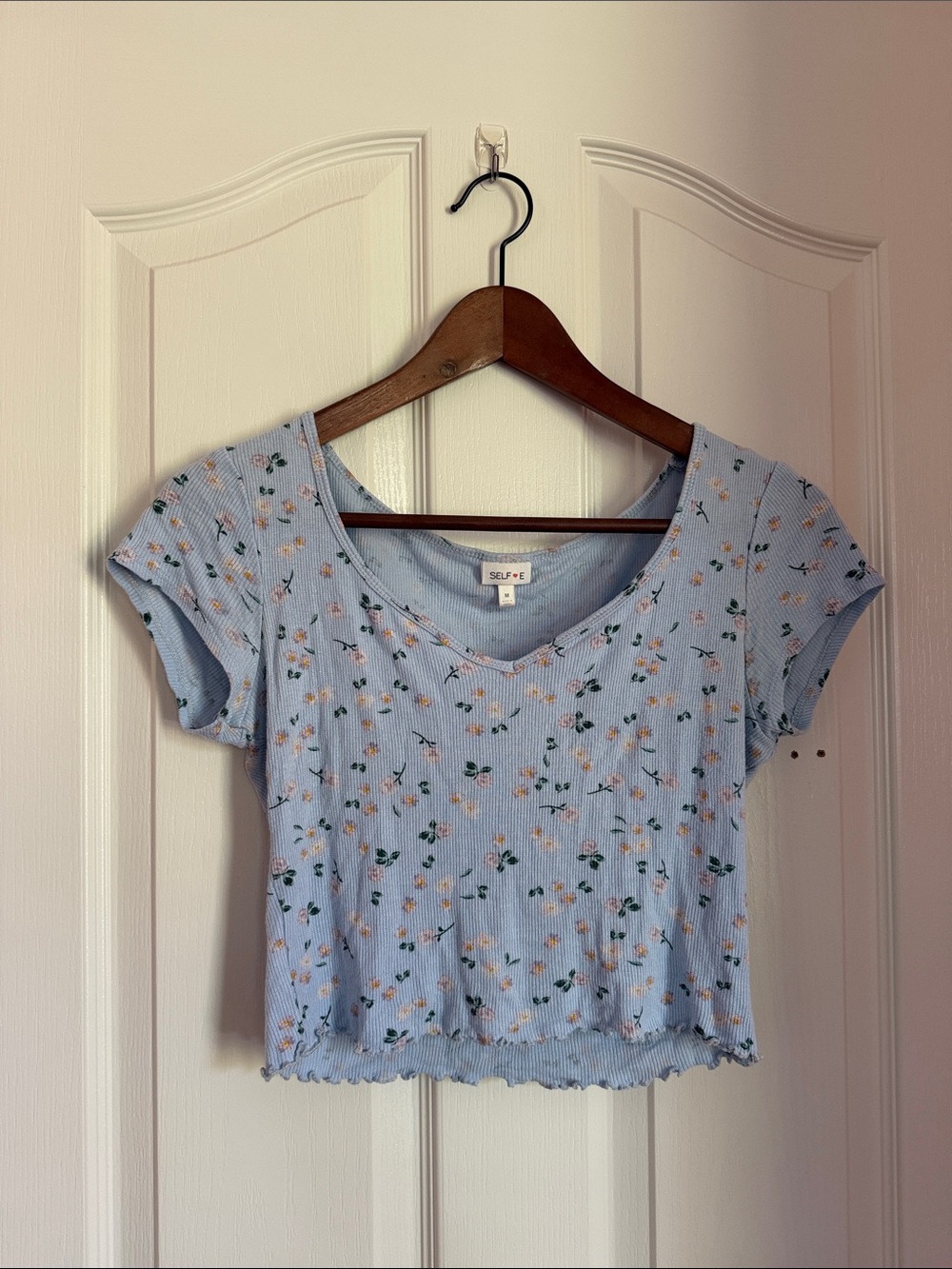 Light Blue Floral Ribbed V-Neck Crop Top